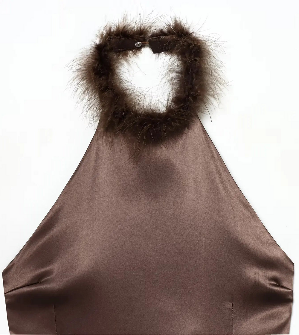 Brown garment with fur trim on a white background