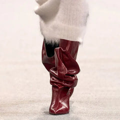 Ruched Wedge Heel Leather Boots
