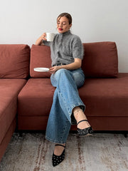 Mock Neck Puff Sleeve Fuzzy Top