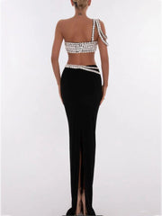 Black Crystal One Shoulder Top & Long Skirt Two-Piece Set