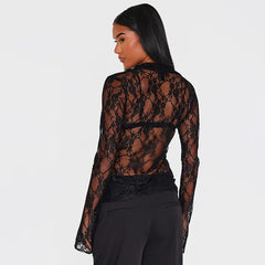 Lace See-Through Long Sleeve Tops