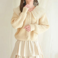 Woman wearing a Peter Pan Collar Spliced Knitted Sweater 