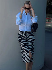 Zebra Print Faux Fur Midi Skirt
