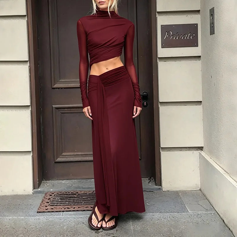 Mock neck draped gown with mesh sleeves