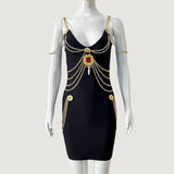 Women's Designer Pearl Chain Diamond V-Neck Mini Dress
