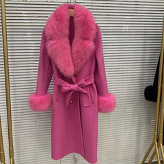 Pink Long Coat with Big Faux Fur Collar