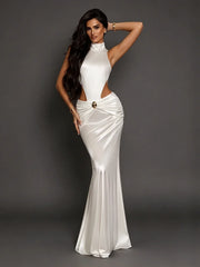 Cut-out Mock Neck Ruched Maxi Dress