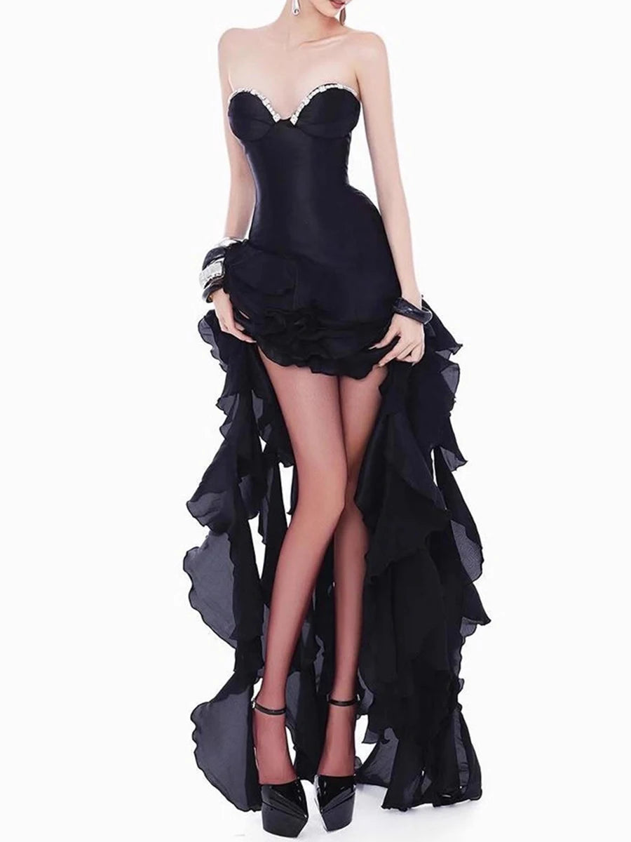Black strapless gown with ruffled layers 
