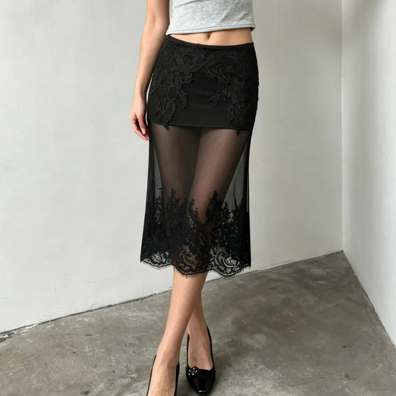 Sheer midi skirt with lace trim and slim fit.