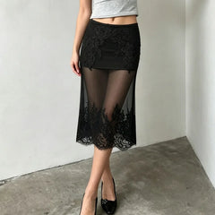 Sheer midi skirt with lace trim and slim fit.