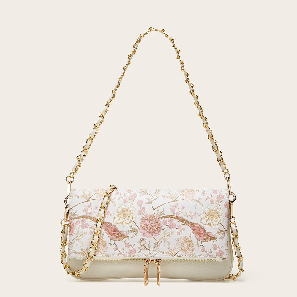 White floral print chain shoulder bag with gold hardware