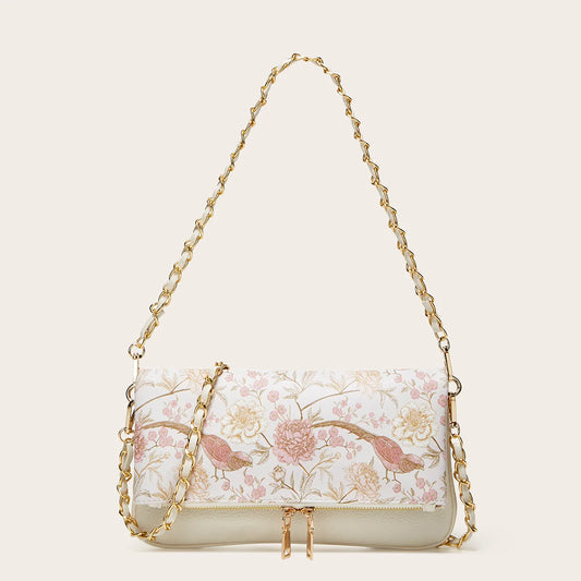 White floral print chain shoulder bag with gold hardware