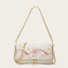 White floral print chain shoulder bag with gold hardware