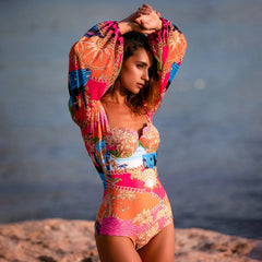 Printed Long Sleeve One Piece Swimsuit and Skirt Bathing Suit Set