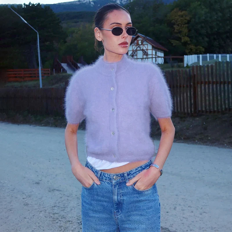 Light purple mock neck puff sleeve fuzzy knit top