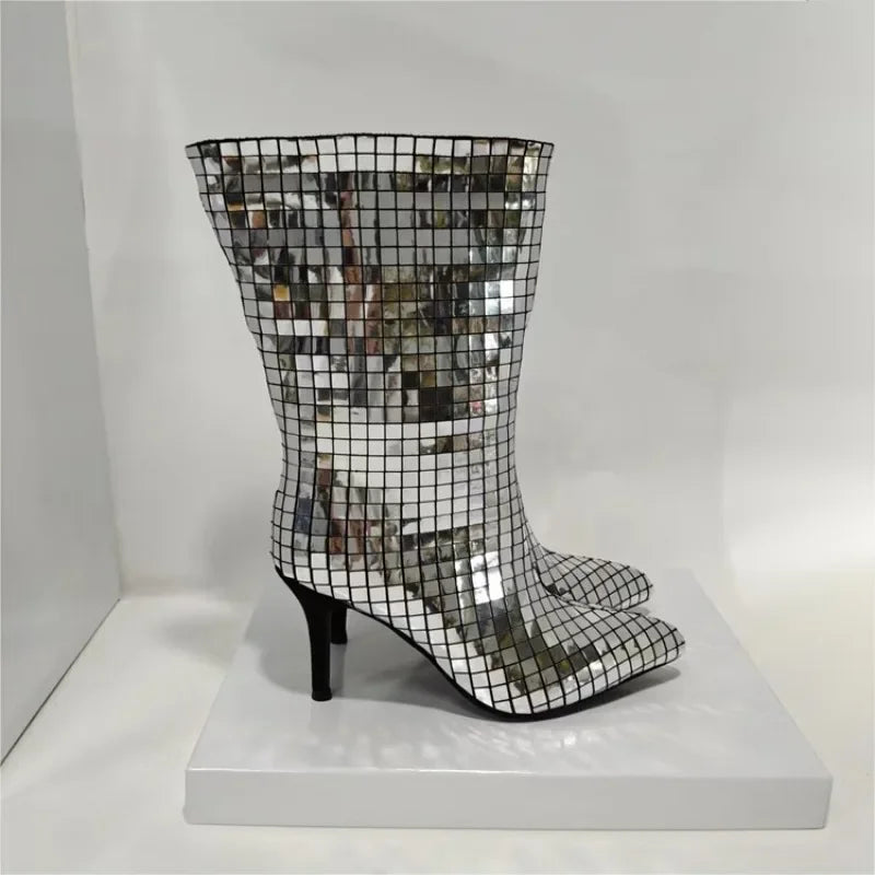 Close-up of Crystal Sequin Pointed Toe Boots with a stiletto heel.