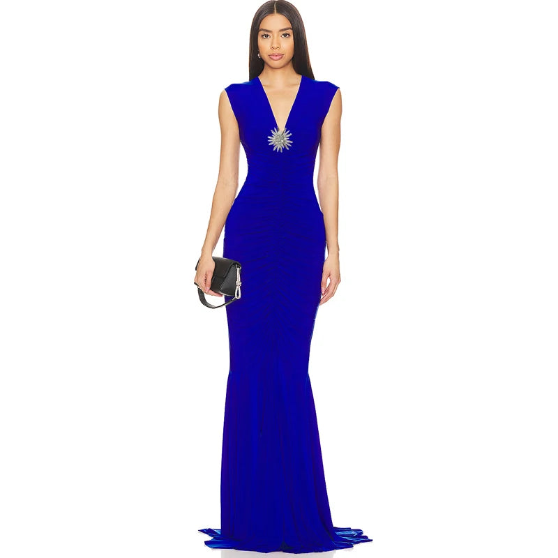 V-neck decorative diamond mermaid dress with handbag