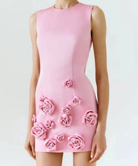 Women's Pink 3D Flower Sleeveless Round Neck Mini Dress