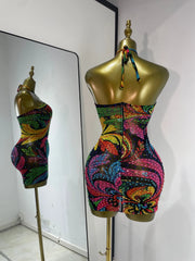 Floral halter mini dress with sequins