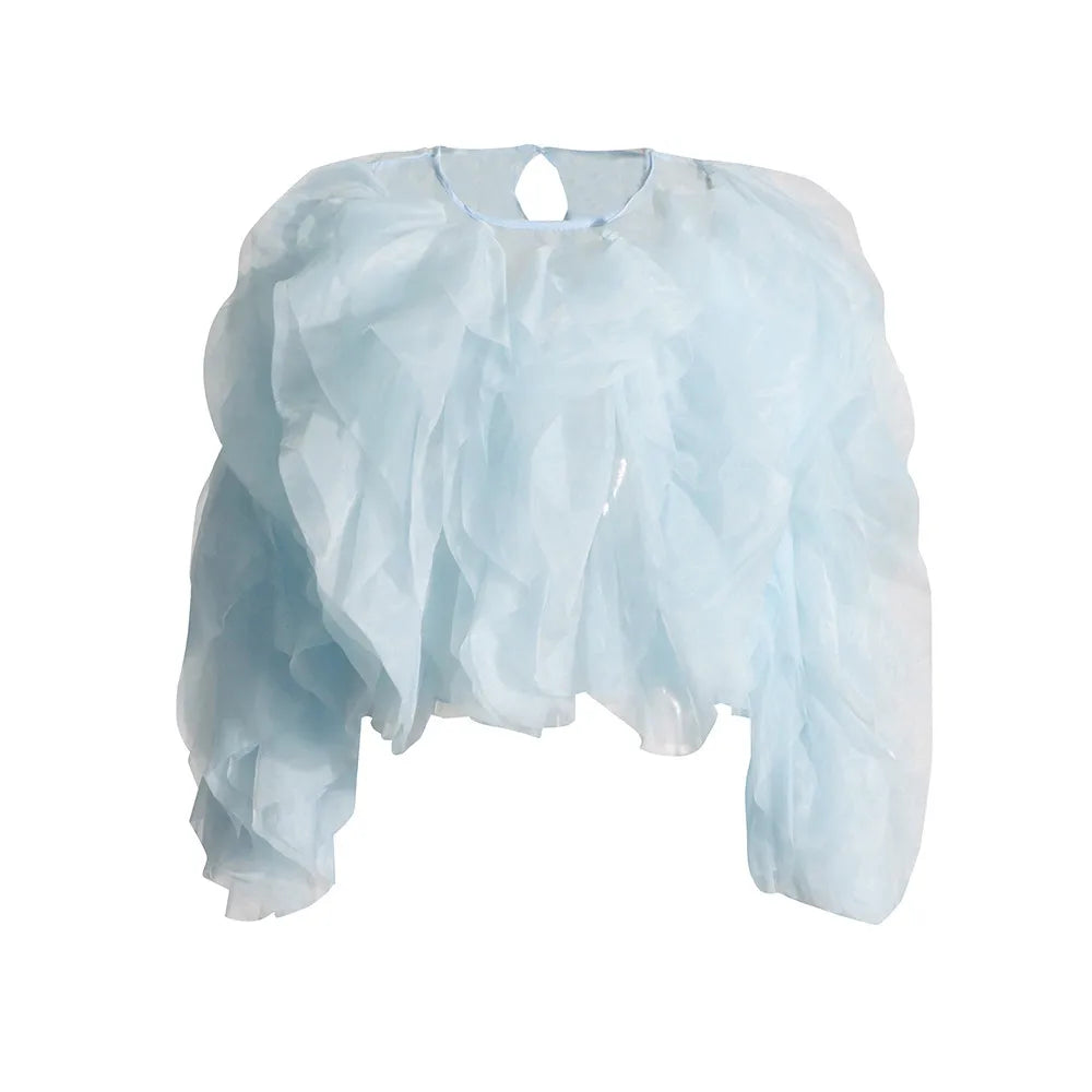 Light blue ruffled top on a white background