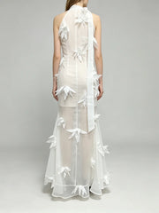White Halter-Neck Sheer Floral Applique Maxi Gown