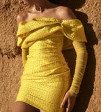 Off Shoulder Pleated Jacquard Yellow Mesh Long Sleeves Mini Dress 