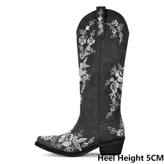 Floral embroidered pointed toe boots with side zipper and heel height detail