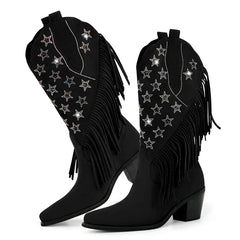 Fringe Star Embellished Pointed Toe Boots