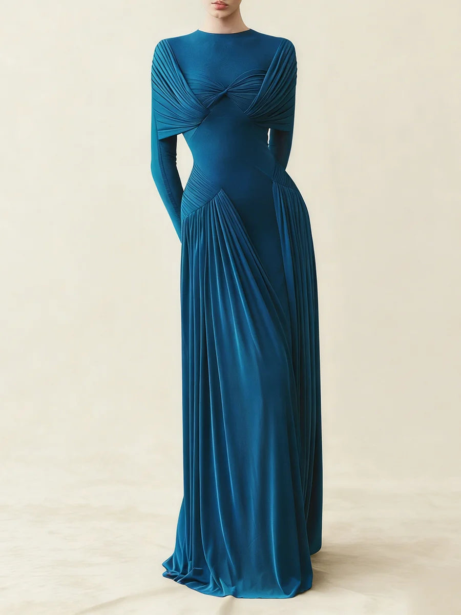 Blue evening gown on a neutral background