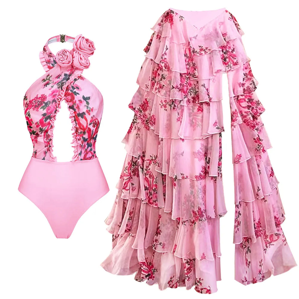 Floral print ruffled halter swimsuit with matching layered cover-up