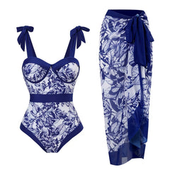 Tie-Strap V-Neck One-Piece Swimsuit with Matching Sarong Set