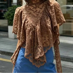 Floral Lace Mock Neck Asymmetrical Hem Top