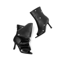 Peep Toe Pleated Snap Button Stiletto Heel Boots