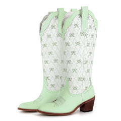 Pink Bow Quilted Knee High Cowgirl Boots