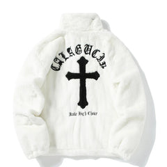 Fur Coat Cross Letters Fleece Jacket Zip Up Fashion Outerwear