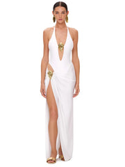 Women’s deep V-neck swimsuit with matching skirt and high-leg design.