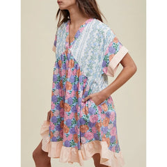 Boho summer short dress with pastel ruffle hem