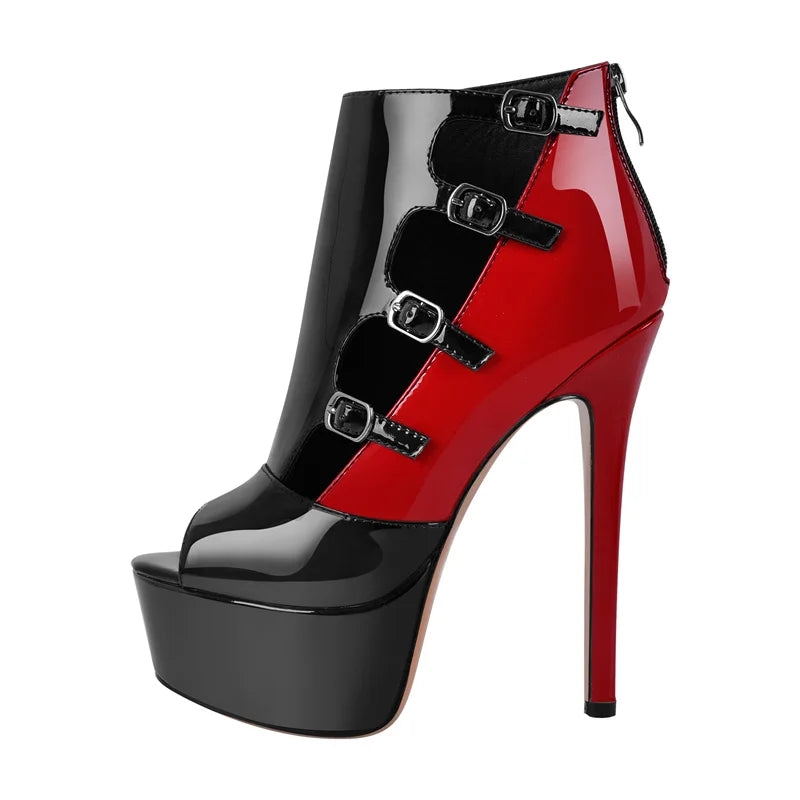 Peep toe platform ankle boots with red and black patent leather and buckle details