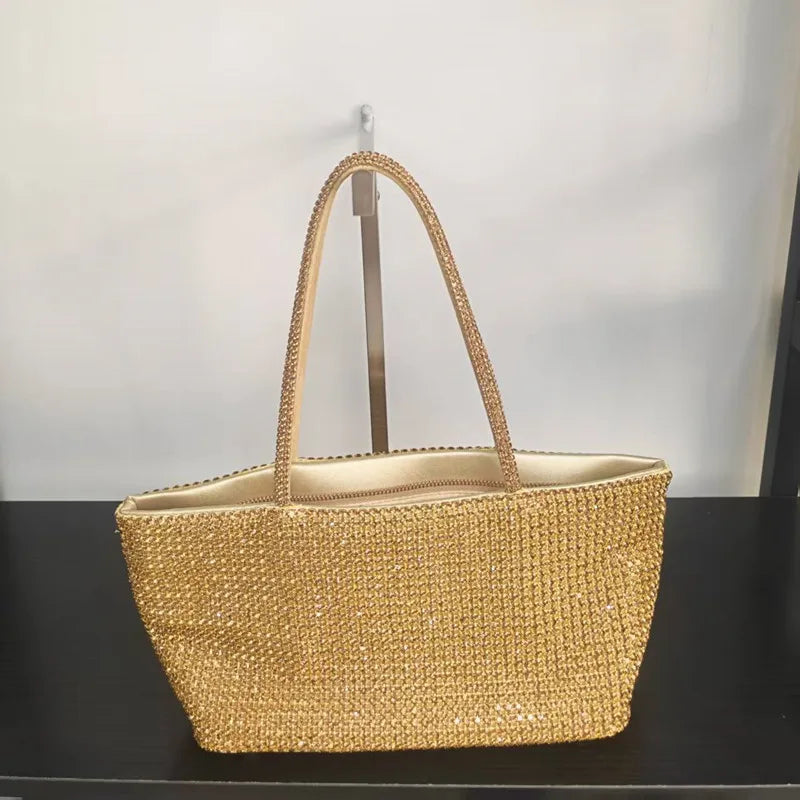 Gold crystal-embellished tote bag with chain straps, front view