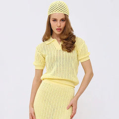 Hollow Knit Turn-Down Collar Short Sleeve Top