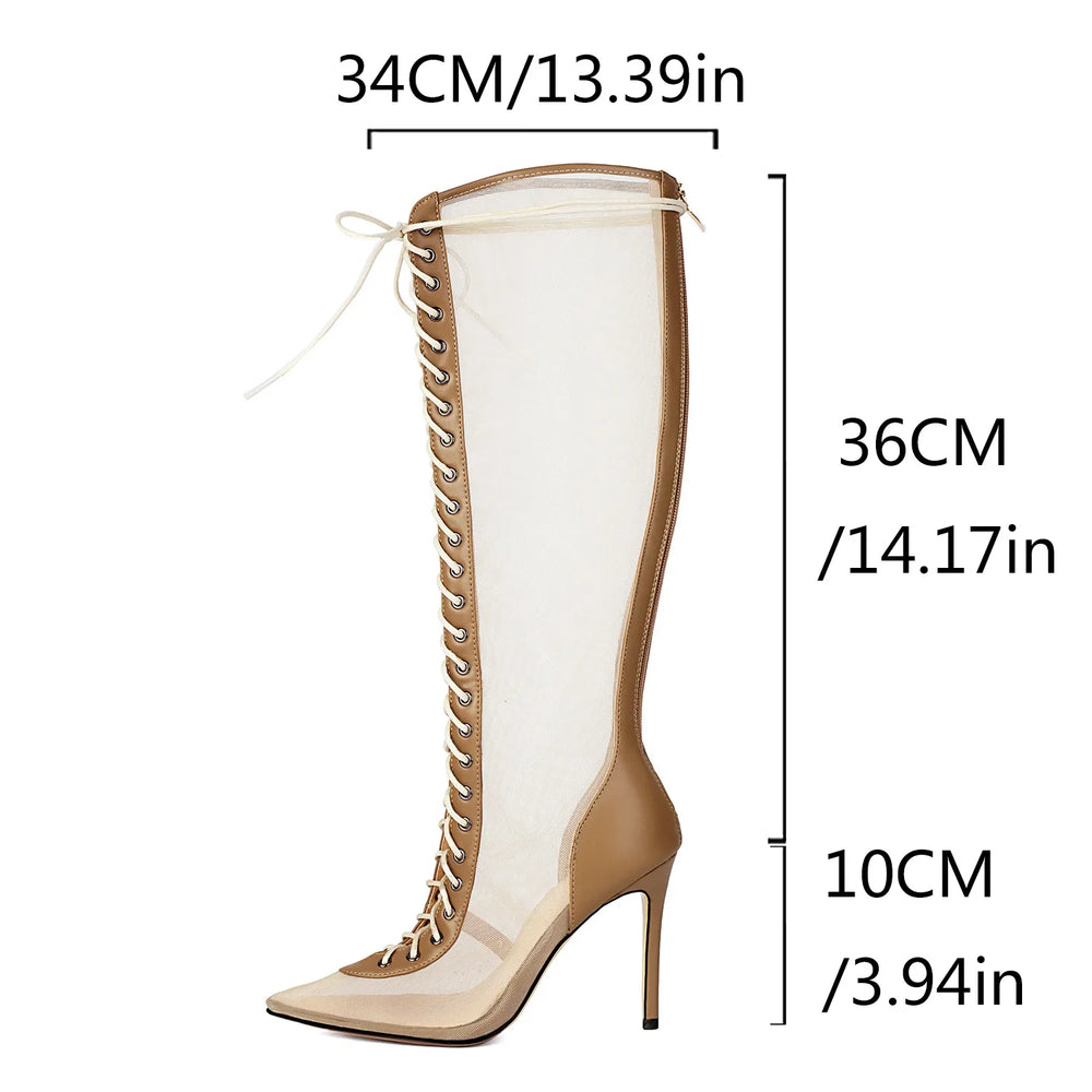 Beige knee-high boot with measurements 