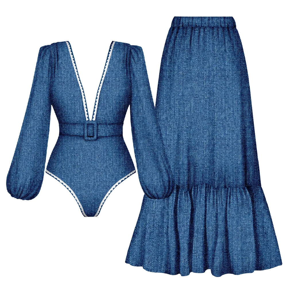 Denim print one-piece swimsuit with ruffled skirt.