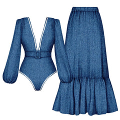Denim print one-piece swimsuit with ruffled skirt.