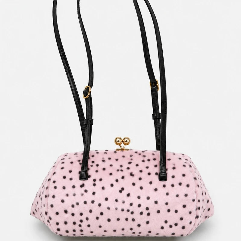 Pink polka dot fur shoulder bag