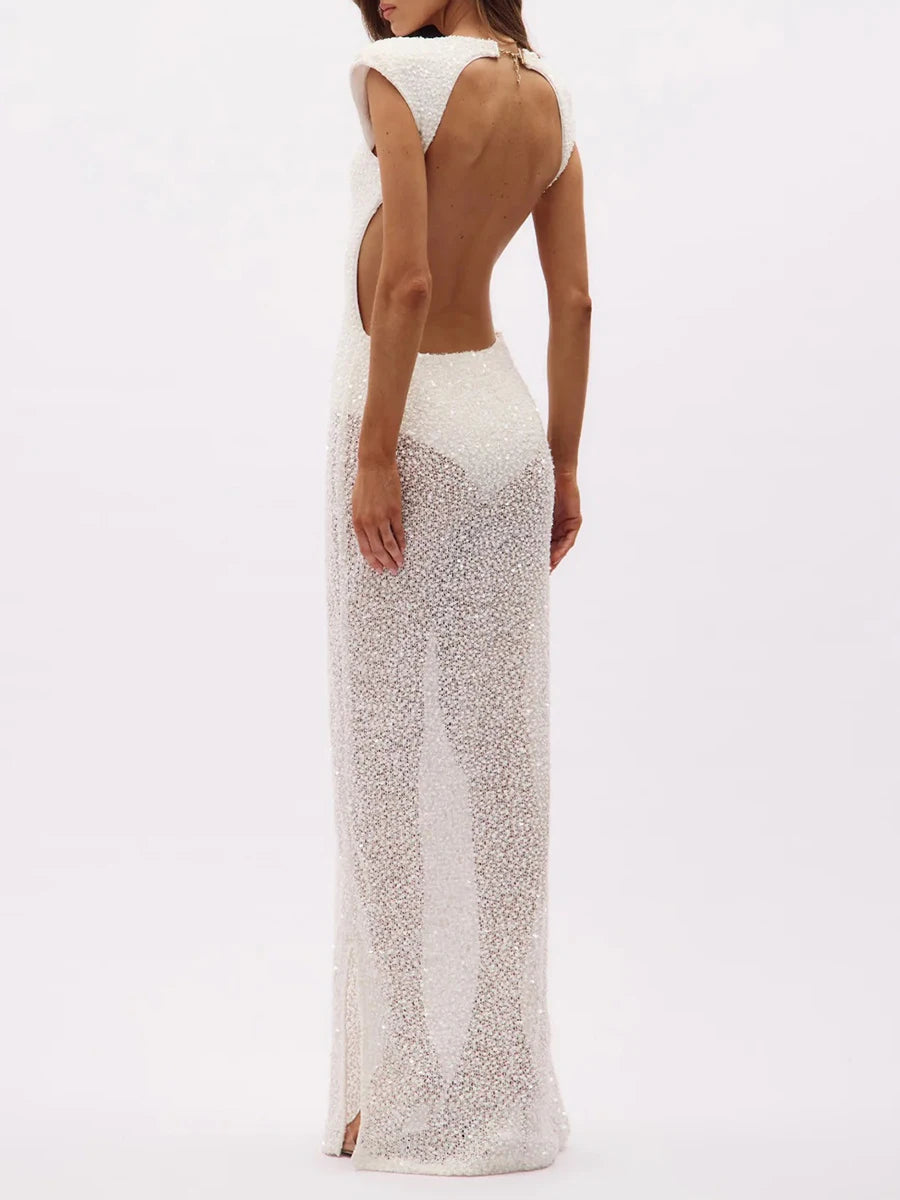 Sequined sheer column maxi dress back view
