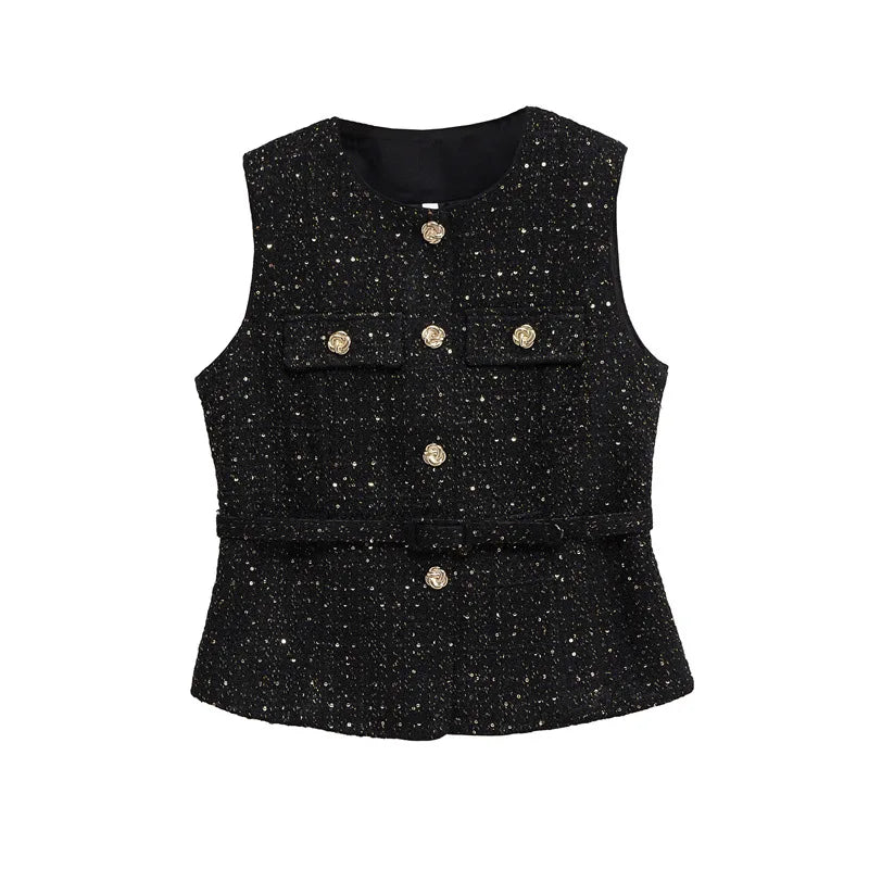 Black speckled vest with gold buttons on a white background