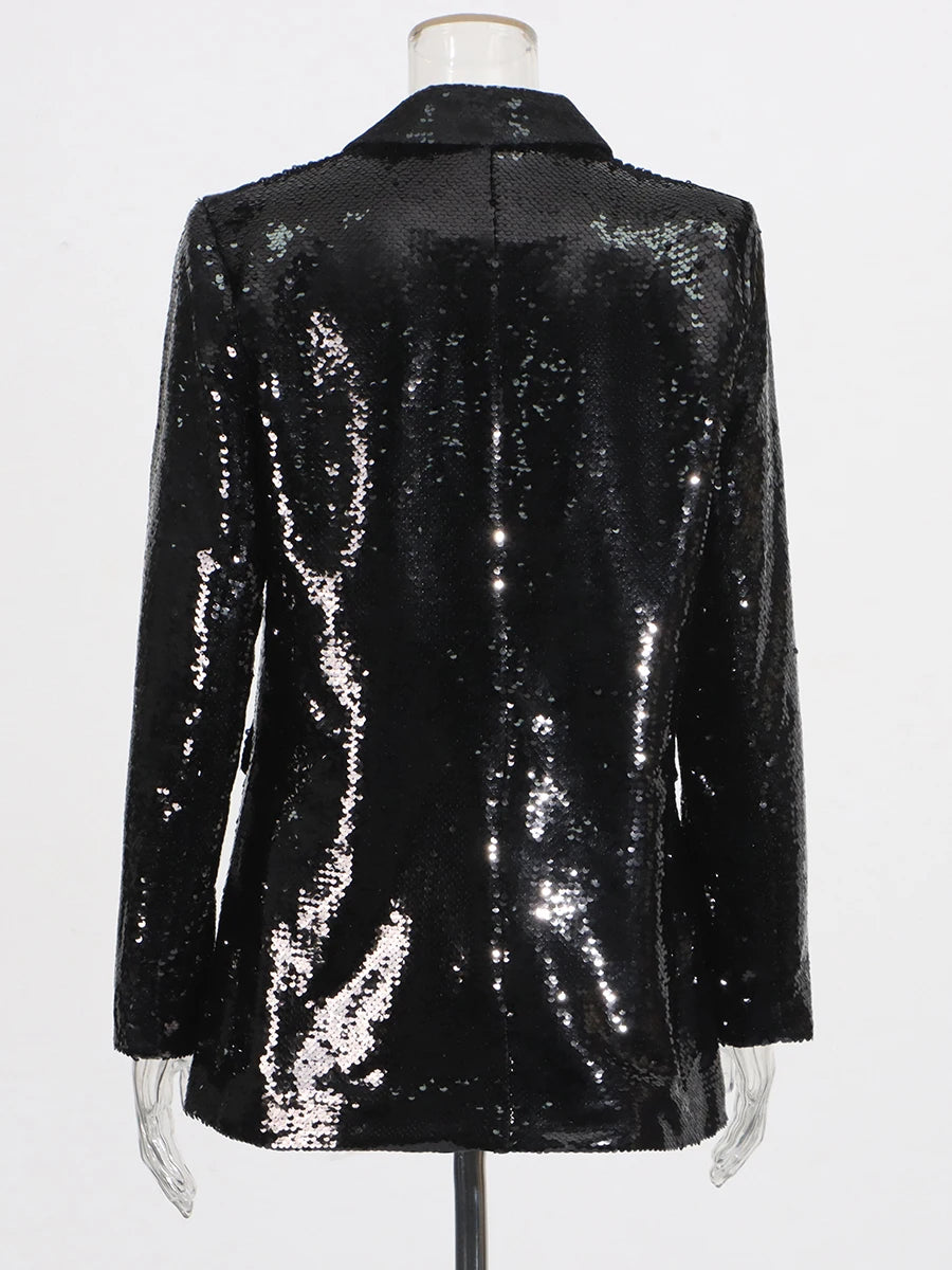 Shimmering blazer styled for autumn and winter events