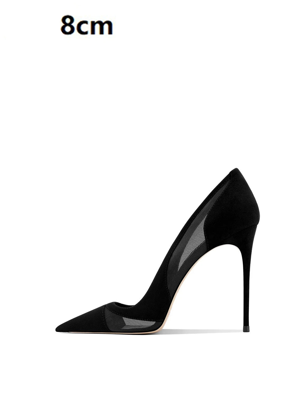 Black high-heeled shoe on a white background with text indicating heel height.
