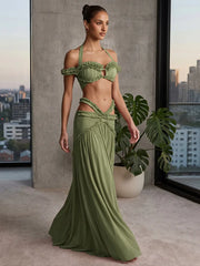Halter Ruffle Crop Top and Cutout Maxi Skirt
