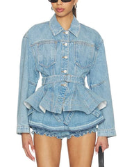 Denim peplum jacket with belt and ruched shorts, front view